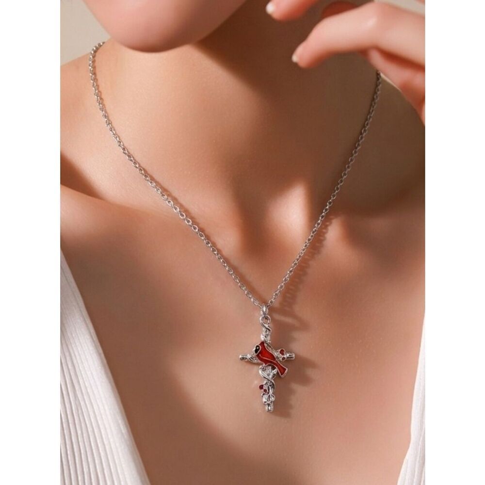 Small Red Cardinal Bird Silver Cross Necklace Memory Pendant Spiritual Jewelry